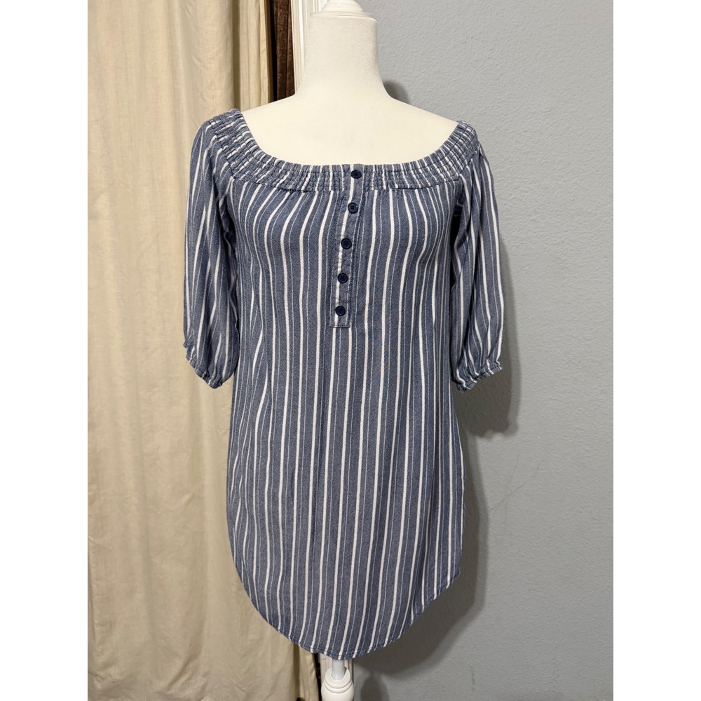Mimi Chica Blue White Striped Off Shoulder Tunic Top Size M Pockets Beach Summer